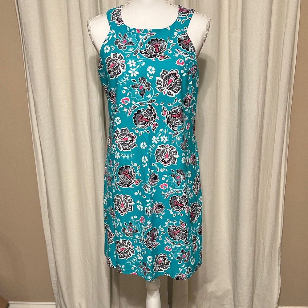 Aryeh Teal Floral Midi Dress with Pink & Black Accents